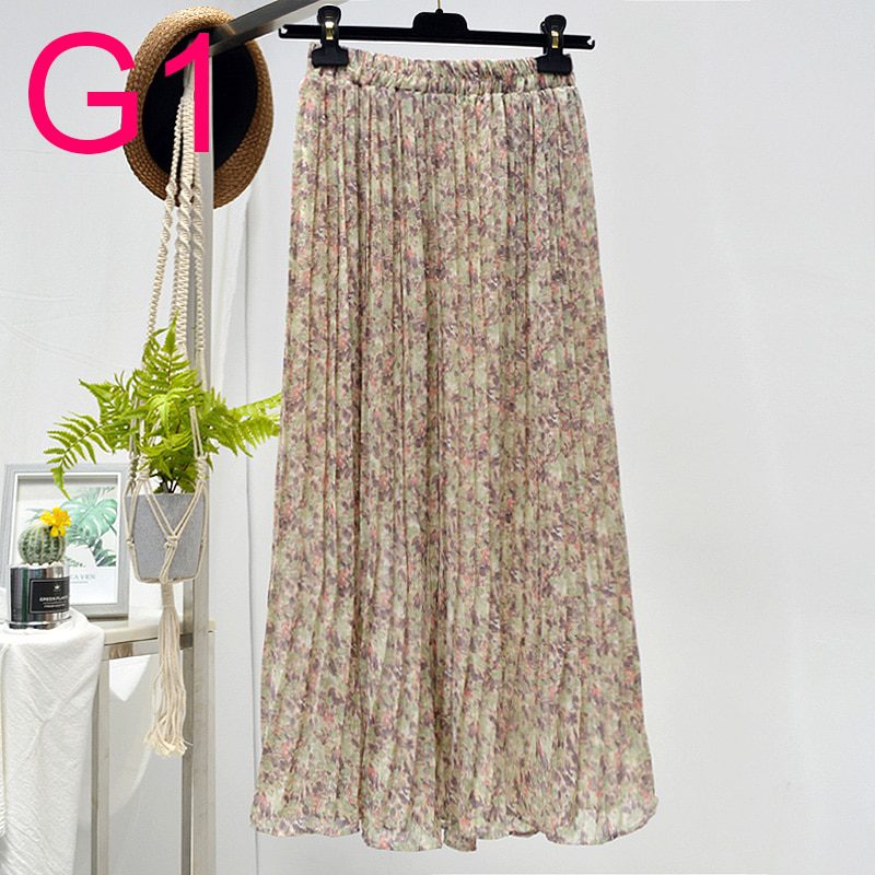 Summer Skirts Womens 2020 New Vintage Floral Print Chiffon Pleated Skirt Elastic High Waist Casual Midi Skirt Women Clothes Jupe