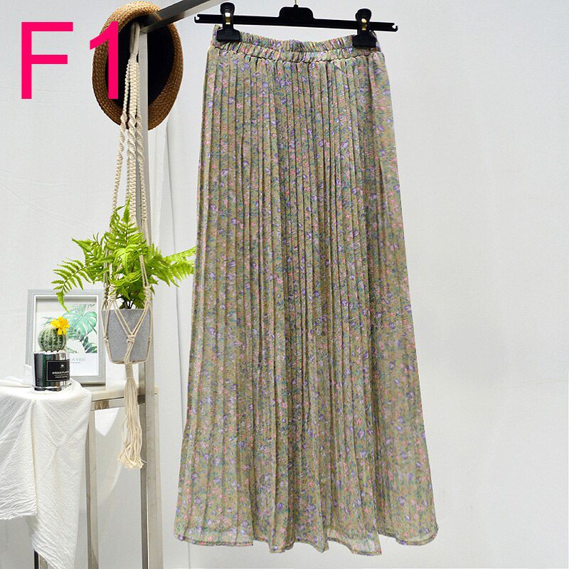 Summer Skirts Womens 2020 New Vintage Floral Print Chiffon Pleated Skirt Elastic High Waist Casual Midi Skirt Women Clothes Jupe