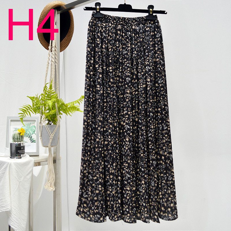Summer Skirts Womens 2020 New Vintage Floral Print Chiffon Pleated Skirt Elastic High Waist Casual Midi Skirt Women Clothes Jupe