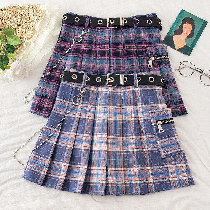 Harajuku Plaid Skirt Women 2020 New y2k High Waist Mini Tennis Skirts Uniform Chain Pocket A-line Streetwear Vintage Free Belt