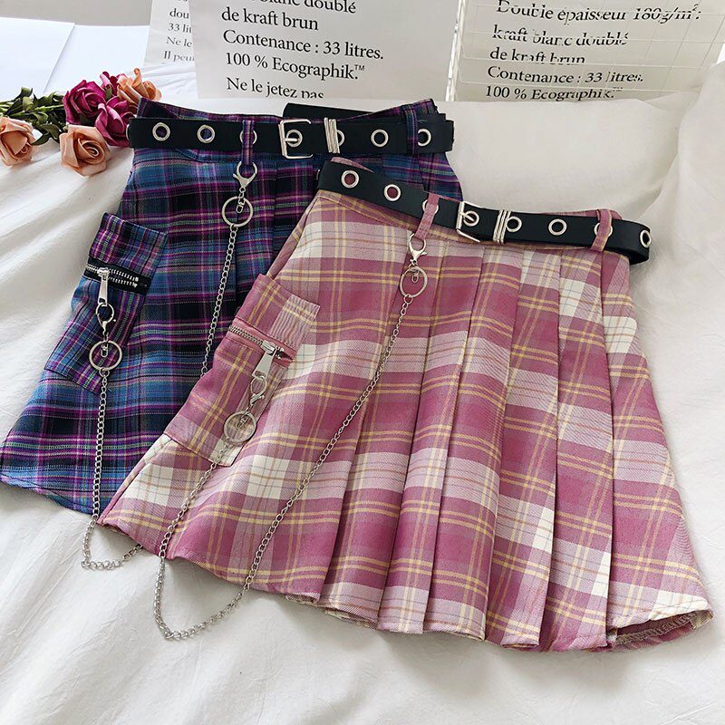 Harajuku Plaid Skirt Women 2020 New y2k High Waist Mini Tennis Skirts Uniform Chain Pocket A-line Streetwear Vintage Free Belt