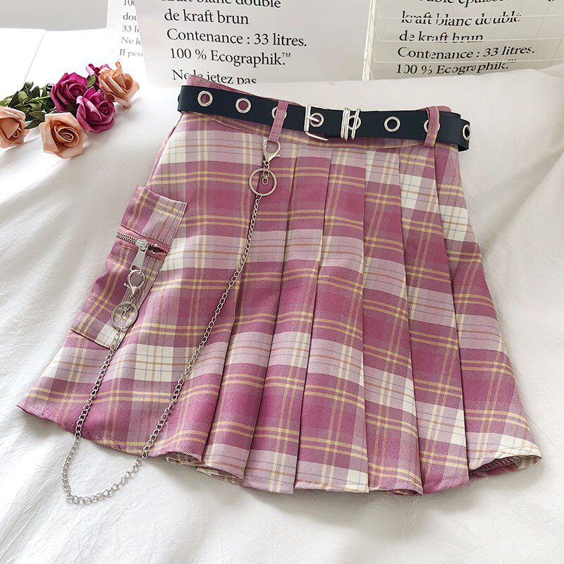 Harajuku Plaid Skirt Women 2020 New y2k High Waist Mini Tennis Skirts Uniform Chain Pocket A-line Streetwear Vintage Free Belt