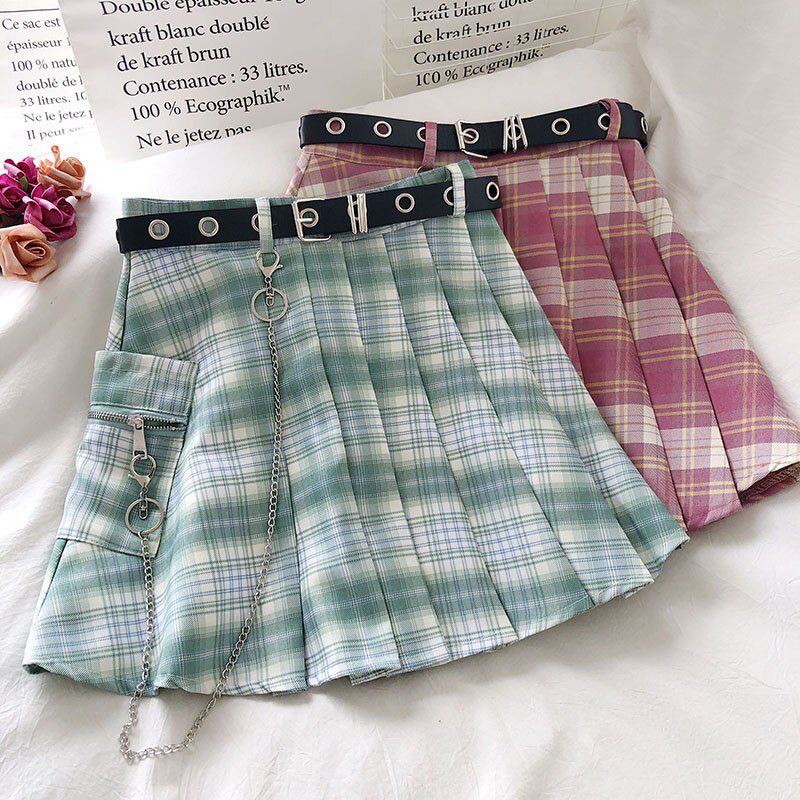 Harajuku Plaid Skirt Women 2020 New y2k High Waist Mini Tennis Skirts Uniform Chain Pocket A-line Streetwear Vintage Free Belt