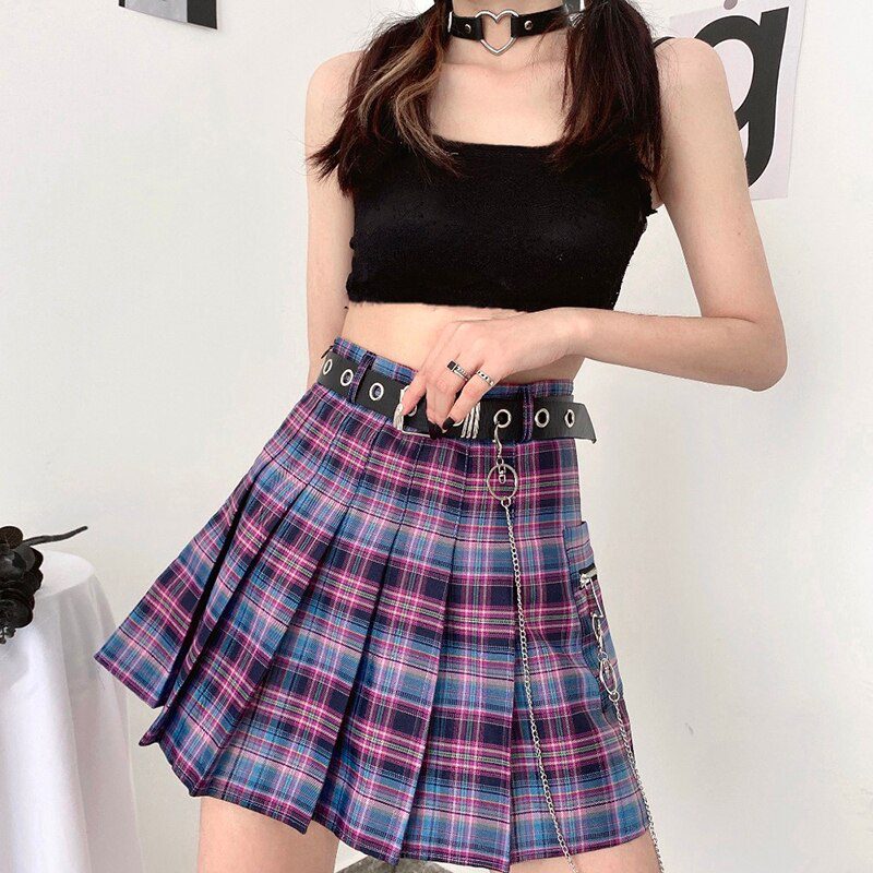Harajuku Plaid Skirt Women 2020 New y2k High Waist Mini Tennis Skirts Uniform Chain Pocket A-line Streetwear Vintage Free Belt