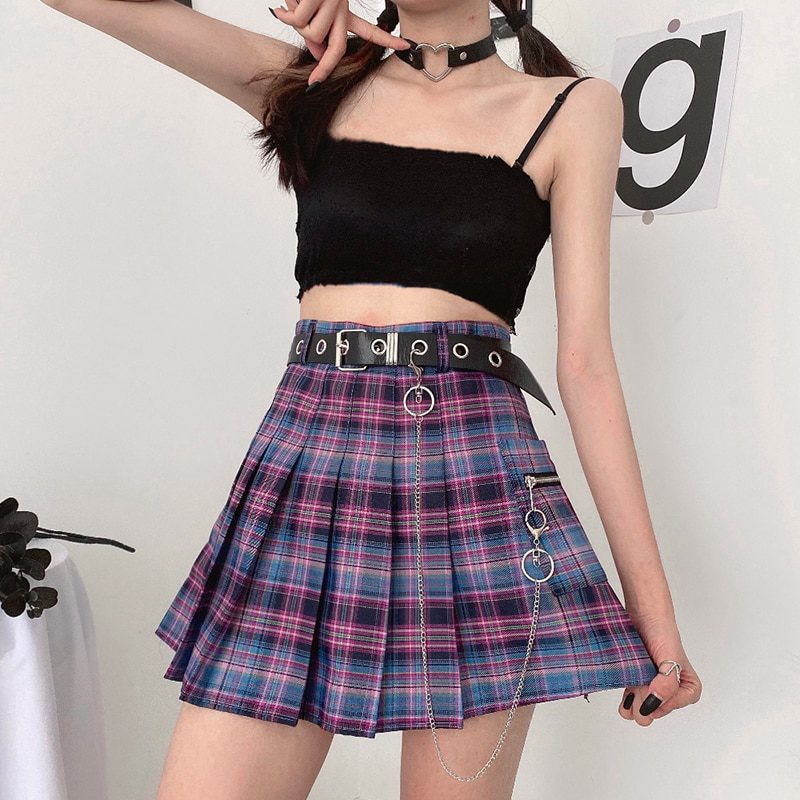 Harajuku Plaid Skirt Women 2020 New y2k High Waist Mini Tennis Skirts Uniform Chain Pocket A-line Streetwear Vintage Free Belt