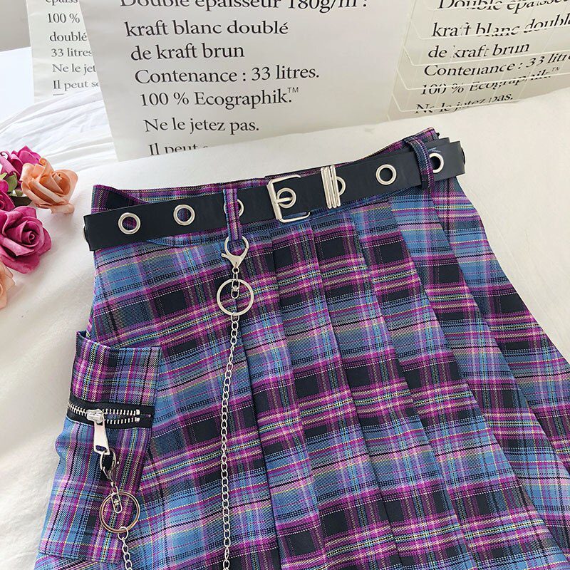 Harajuku Plaid Skirt Women 2020 New y2k High Waist Mini Tennis Skirts Uniform Chain Pocket A-line Streetwear Vintage Free Belt