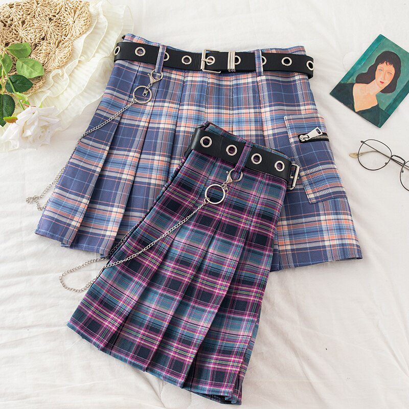 Harajuku Plaid Skirt Women 2020 New y2k High Waist Mini Tennis Skirts Uniform Chain Pocket A-line Streetwear Vintage Free Belt