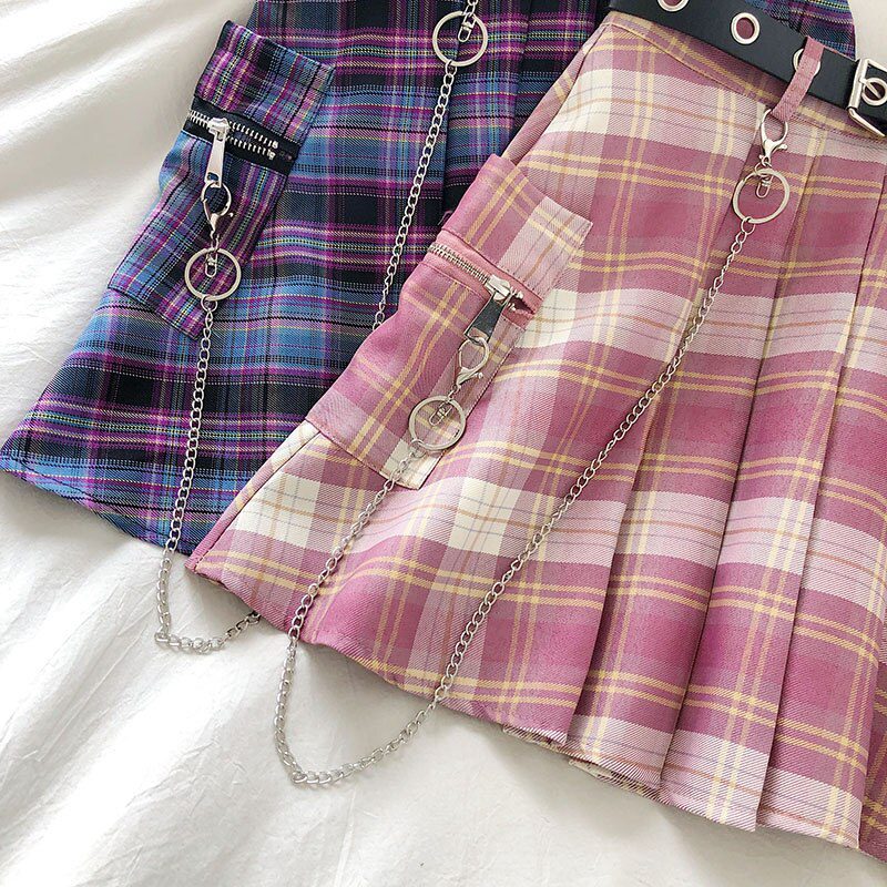 Harajuku Plaid Skirt Women 2020 New y2k High Waist Mini Tennis Skirts Uniform Chain Pocket A-line Streetwear Vintage Free Belt