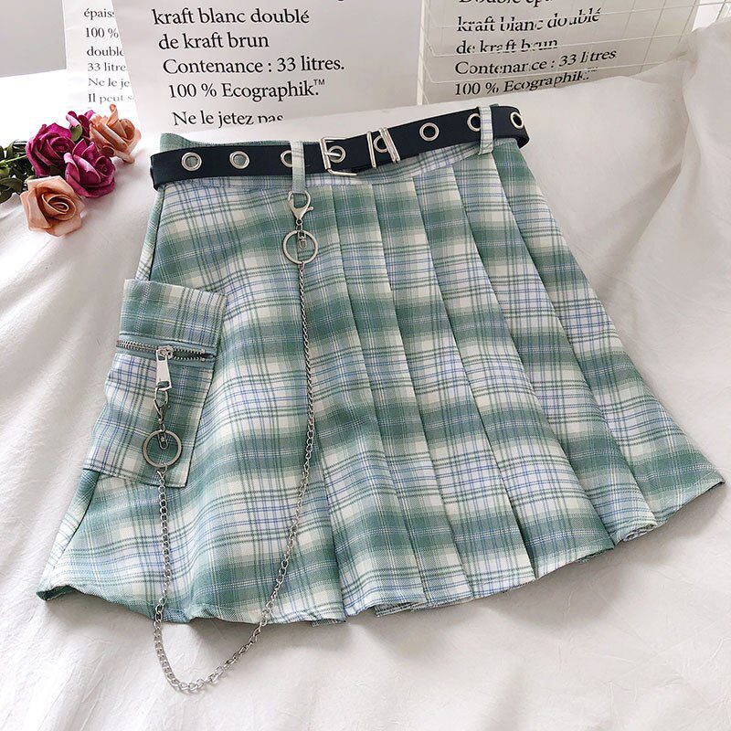 Harajuku Plaid Skirt Women 2020 New y2k High Waist Mini Tennis Skirts Uniform Chain Pocket A-line Streetwear Vintage Free Belt