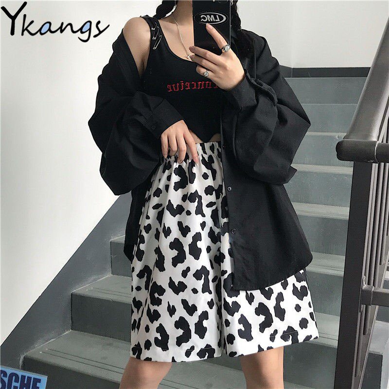 White Cow Summer 2020 Running Sport Shorts for Women Streetwear Harajuku Korean Joggers Women Elastic High Waist Wide Leg Shorts