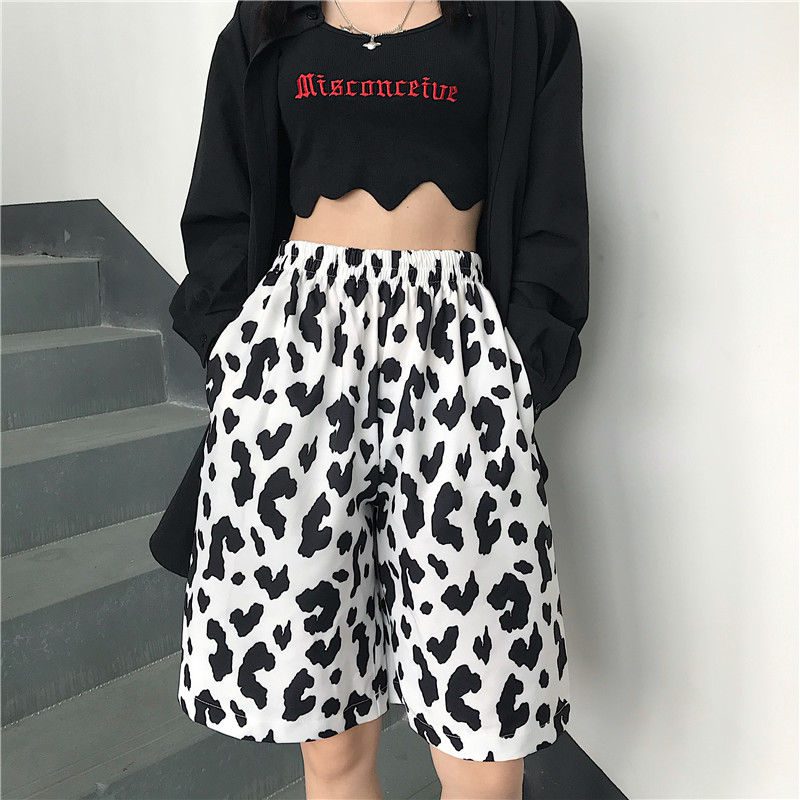 White Cow Summer 2020 Running Sport Shorts for Women Streetwear Harajuku Korean Joggers Women Elastic High Waist Wide Leg Shorts