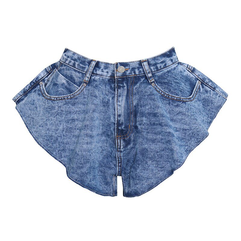 TWOTWINSTYLE Casual Denim Shorts Skirts High Waist Ruffle Hem Loose Ruched Short Pants Female Fashion Clothing 2020 Spring Tide