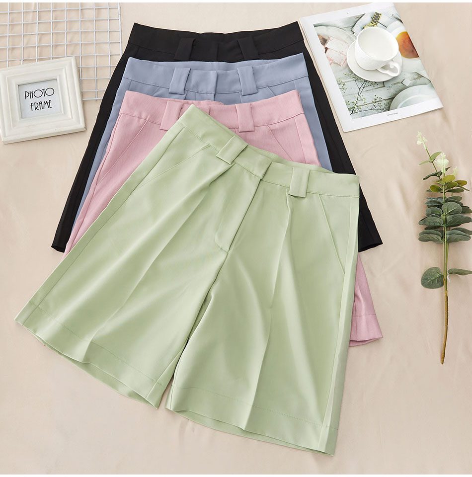Women's Summer Shorts 2021 Long with High Waist Female Loose White Classic Knee-Length Office Wide Women's Shorts Black Candy