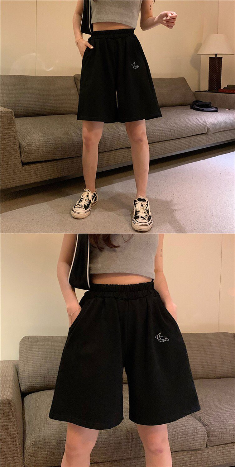 Harajuku Elastic High Waist Moon Embroidered Shorts Women Loose Sport Summer BF Casual Running Shorts Women Biker Baggy Short