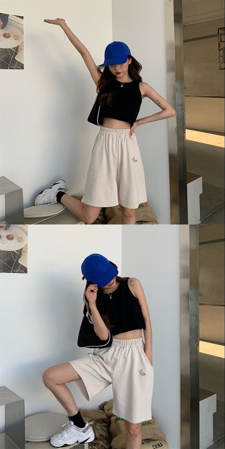 Harajuku Elastic High Waist Moon Embroidered Shorts Women Loose Sport Summer BF Casual Running Shorts Women Biker Baggy Short