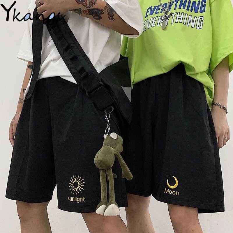 Harajuku Elastic High Waist Moon Embroidered Shorts Women Loose Sport Summer BF Casual Running Shorts Women Biker Baggy Short