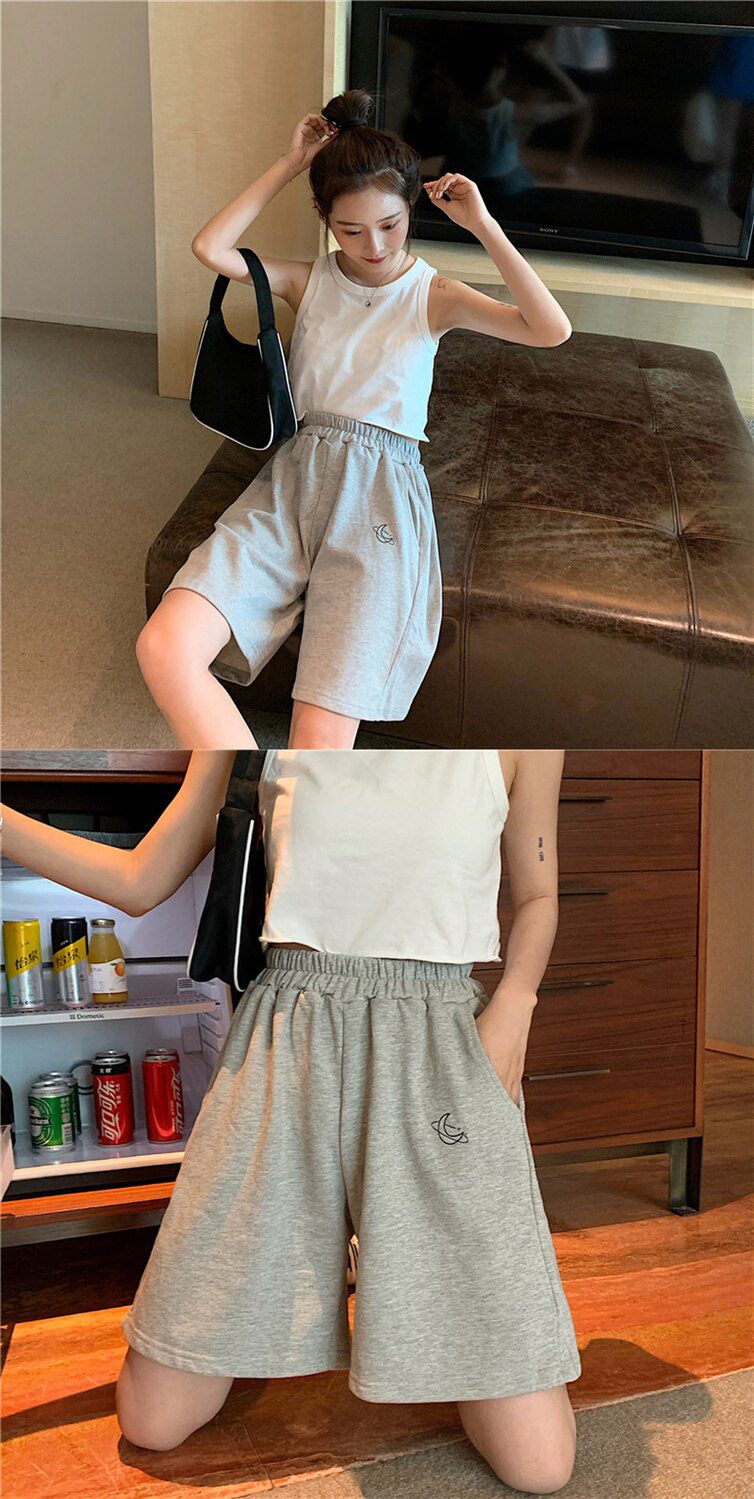 Harajuku Elastic High Waist Moon Embroidered Shorts Women Loose Sport Summer BF Casual Running Shorts Women Biker Baggy Short