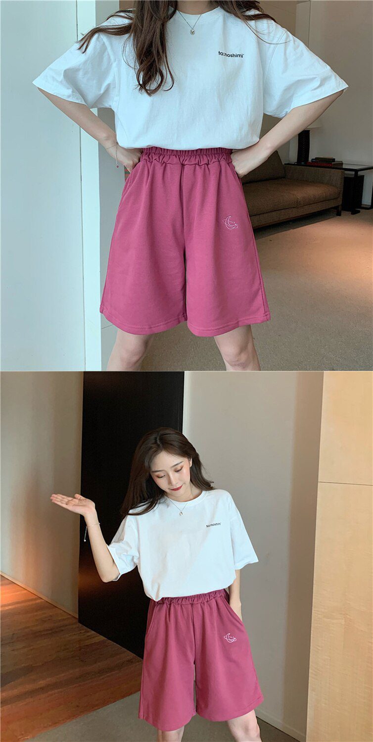 Harajuku Elastic High Waist Moon Embroidered Shorts Women Loose Sport Summer BF Casual Running Shorts Women Biker Baggy Short