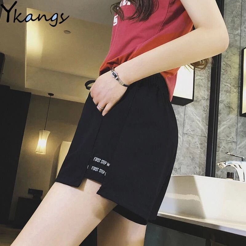 Harajuku Elastic High Waist Moon Embroidered Shorts Women Loose Sport Summer BF Casual Running Shorts Women Biker Baggy Short
