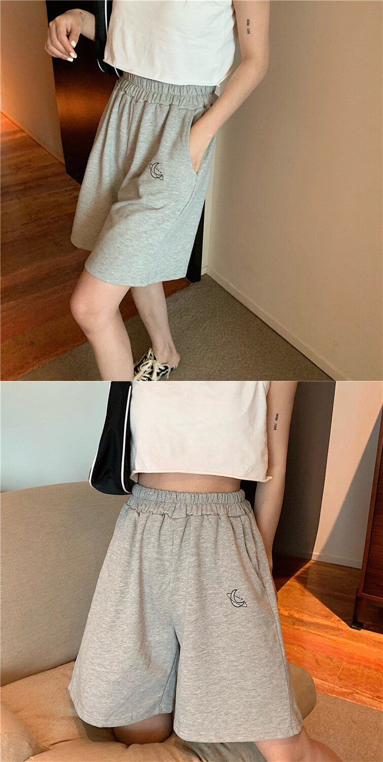 Harajuku Elastic High Waist Moon Embroidered Shorts Women Loose Sport Summer BF Casual Running Shorts Women Biker Baggy Short