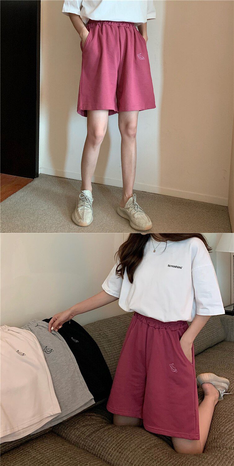 Harajuku Elastic High Waist Moon Embroidered Shorts Women Loose Sport Summer BF Casual Running Shorts Women Biker Baggy Short