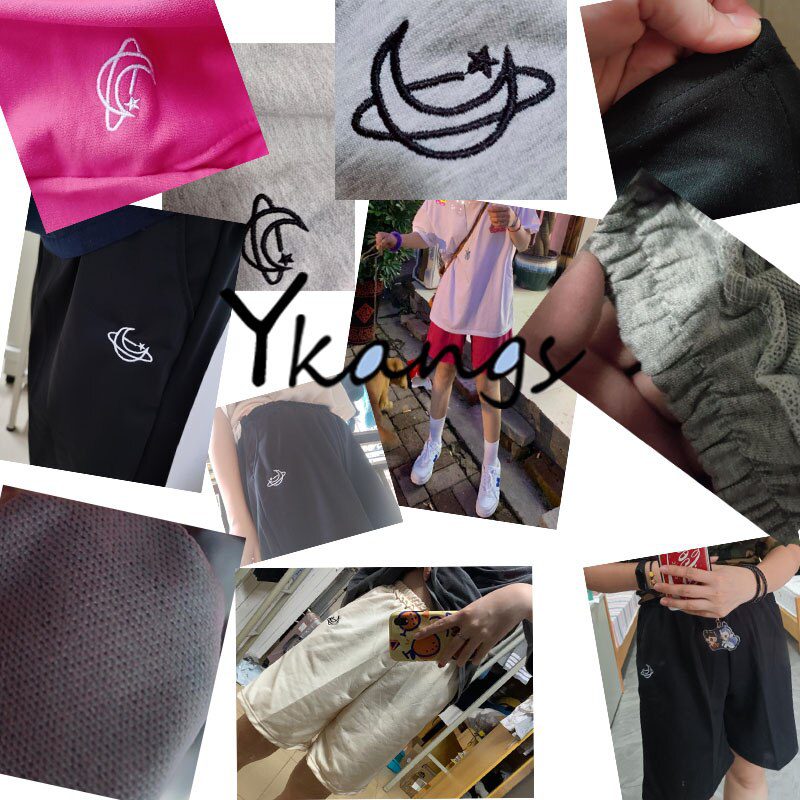 Harajuku Elastic High Waist Moon Embroidered Shorts Women Loose Sport Summer BF Casual Running Shorts Women Biker Baggy Short