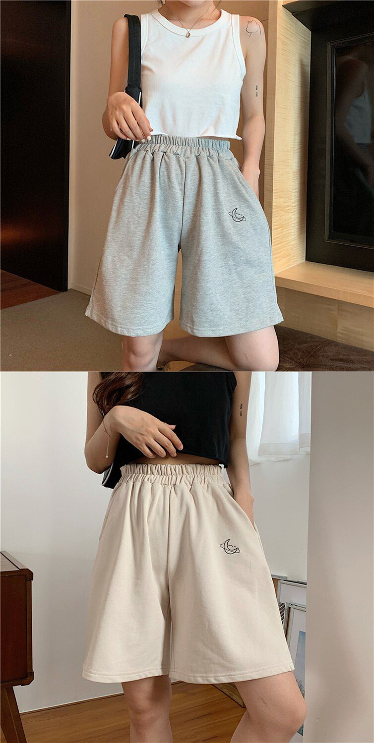 Harajuku Elastic High Waist Moon Embroidered Shorts Women Loose Sport Summer BF Casual Running Shorts Women Biker Baggy Short