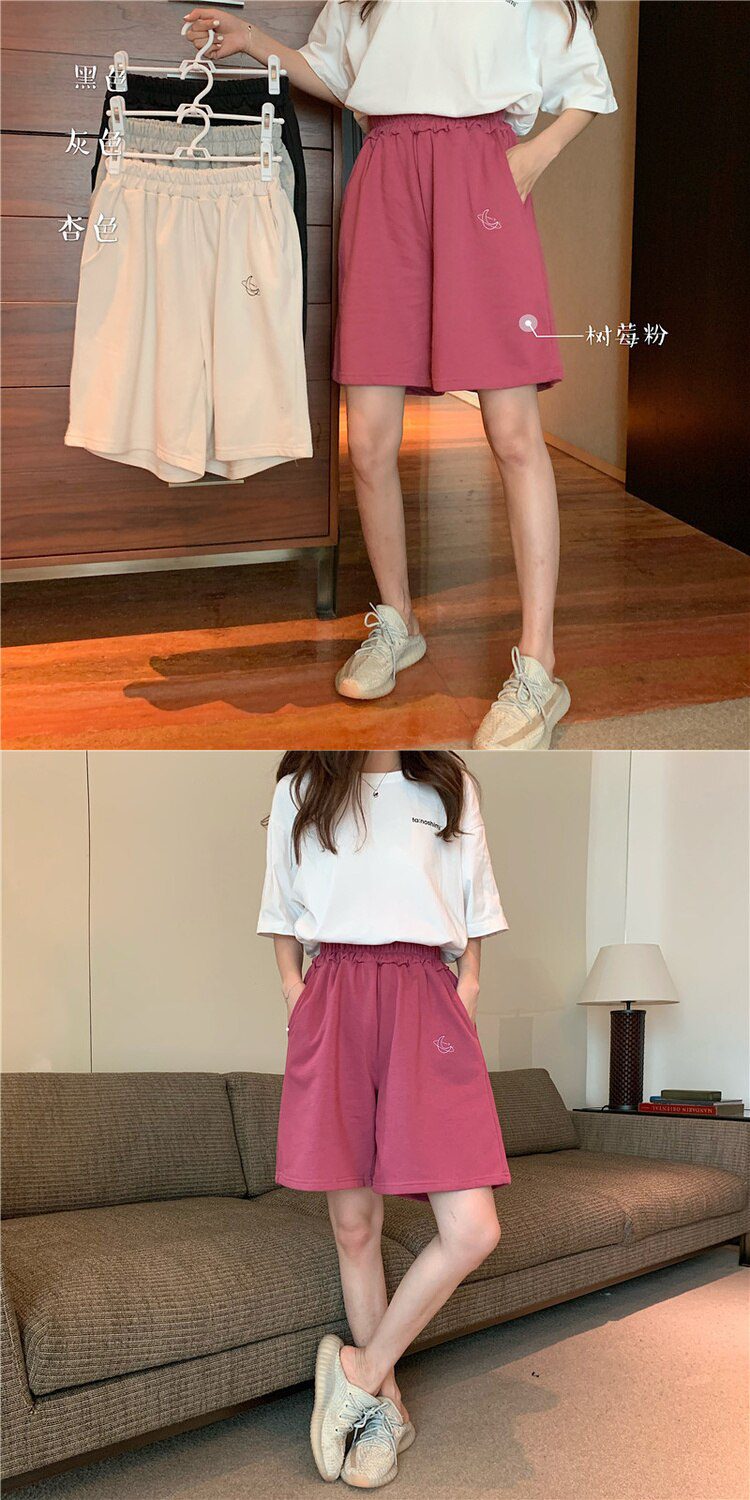 Harajuku Elastic High Waist Moon Embroidered Shorts Women Loose Sport Summer BF Casual Running Shorts Women Biker Baggy Short