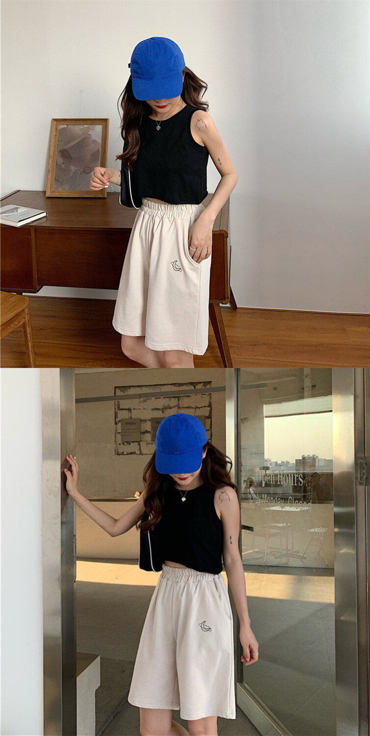 Harajuku Elastic High Waist Moon Embroidered Shorts Women Loose Sport Summer BF Casual Running Shorts Women Biker Baggy Short