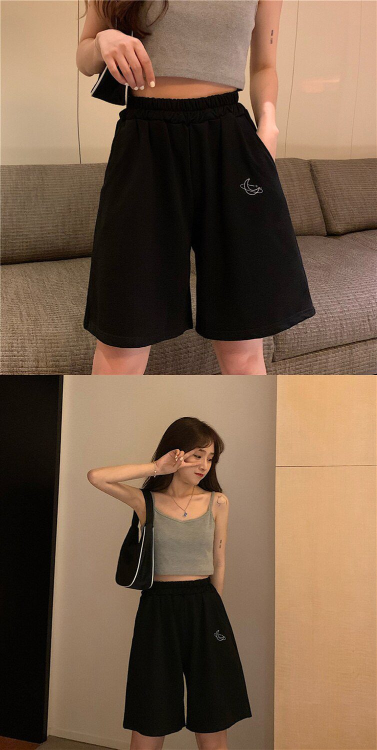Harajuku Elastic High Waist Moon Embroidered Shorts Women Loose Sport Summer BF Casual Running Shorts Women Biker Baggy Short