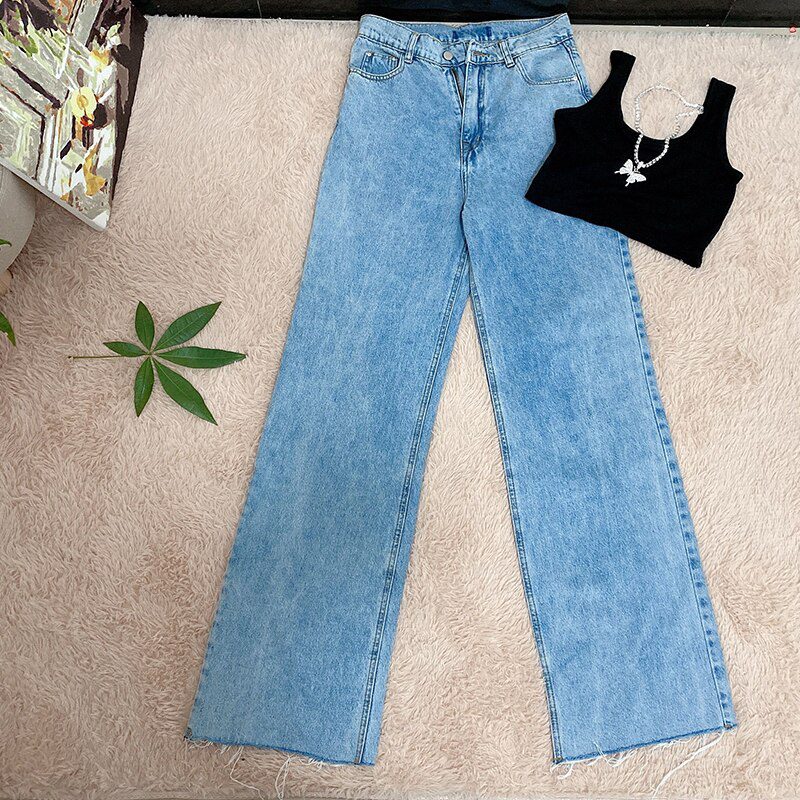 MosiMolly Washed Denim Jeans Pants Women Streetwear Wide Leg Floor Length Jeans Long Pants Femable Bottom 2020 Trendy