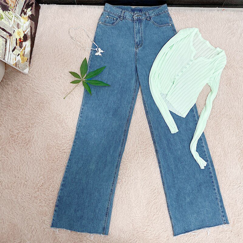 MosiMolly Washed Denim Jeans Pants Women Streetwear Wide Leg Floor Length Jeans Long Pants Femable Bottom 2020 Trendy