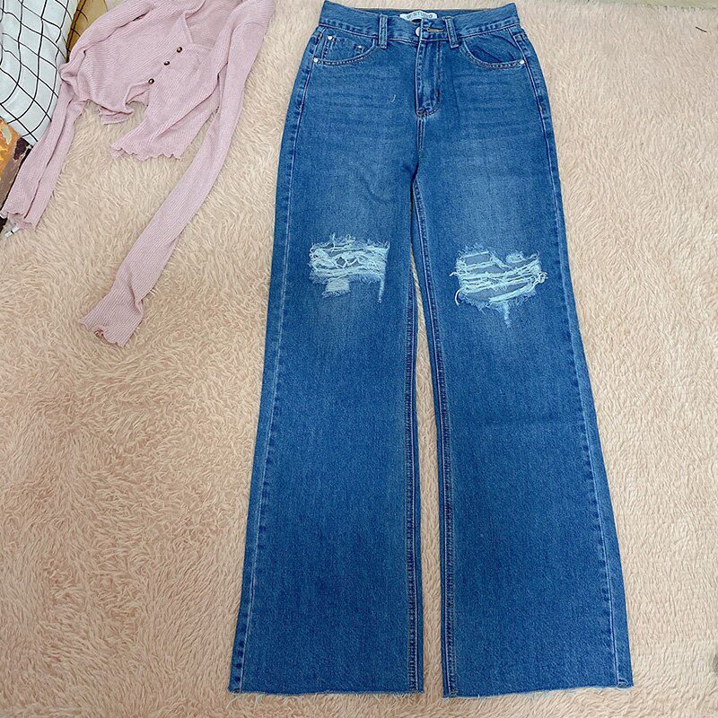 MosiMolly Washed Denim Jeans Pants Women Streetwear Wide Leg Floor Length Jeans Long Pants Femable Bottom 2020 Trendy