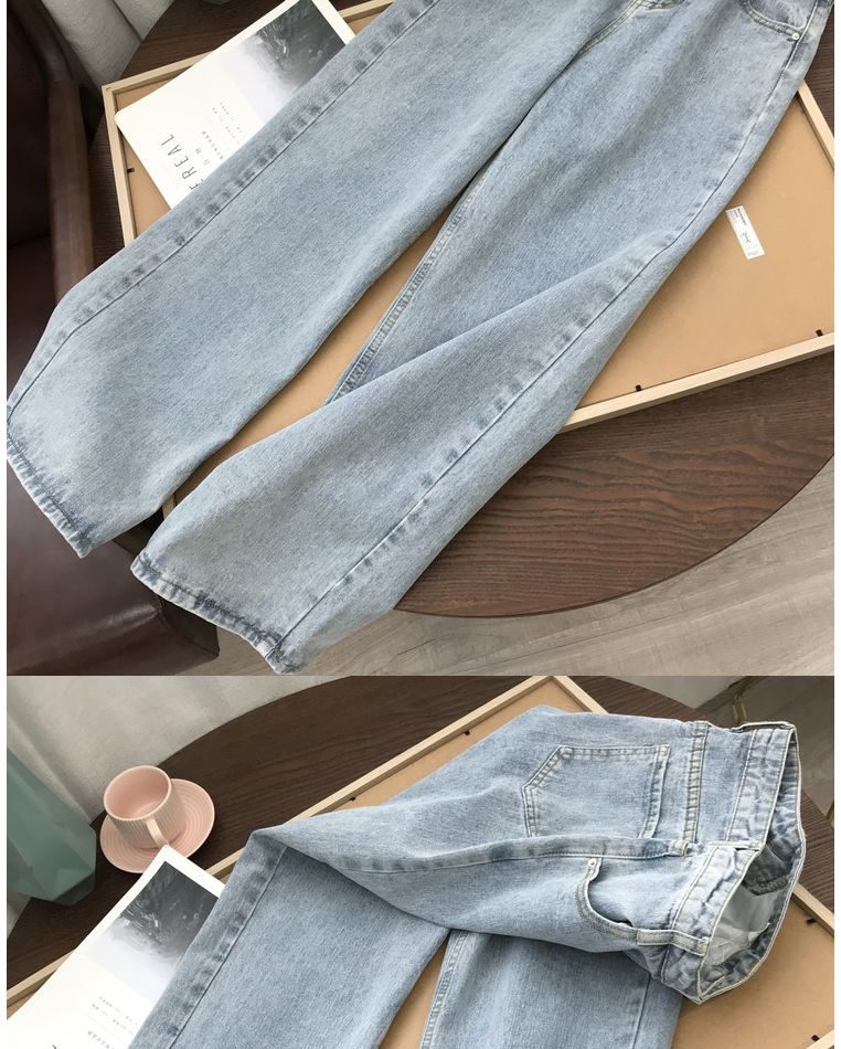 Light Blue Denim Trousers Vintage Wide Leg Pants Women Korean Straight Long Pants High Waist Casual Loose With Belt 2020 Autumn