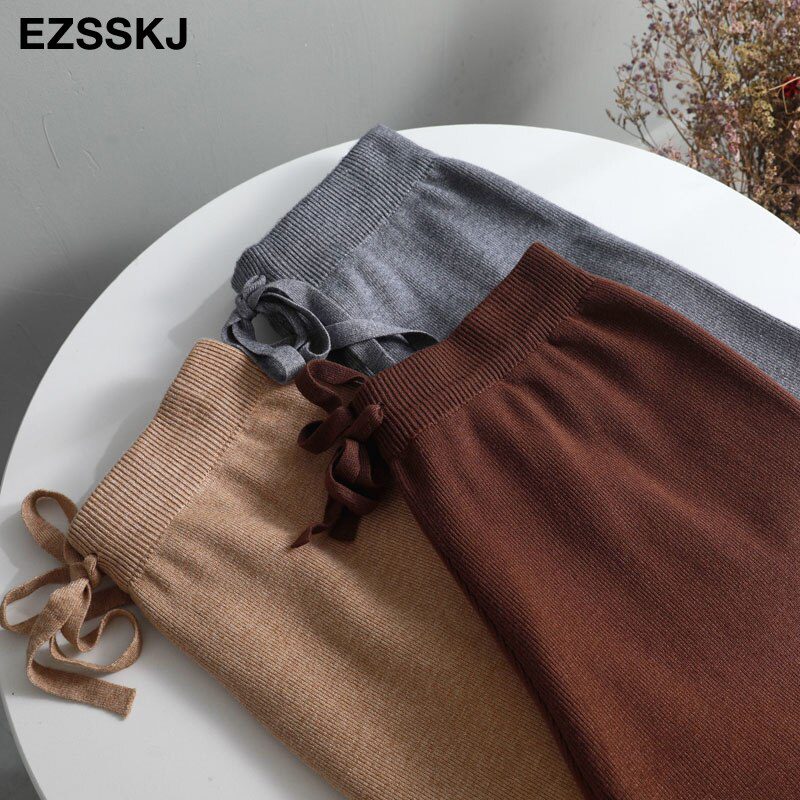2020 autumn winter new THICK casual straight pants women female drawstring loose knitted wide leg pants casual Trousers