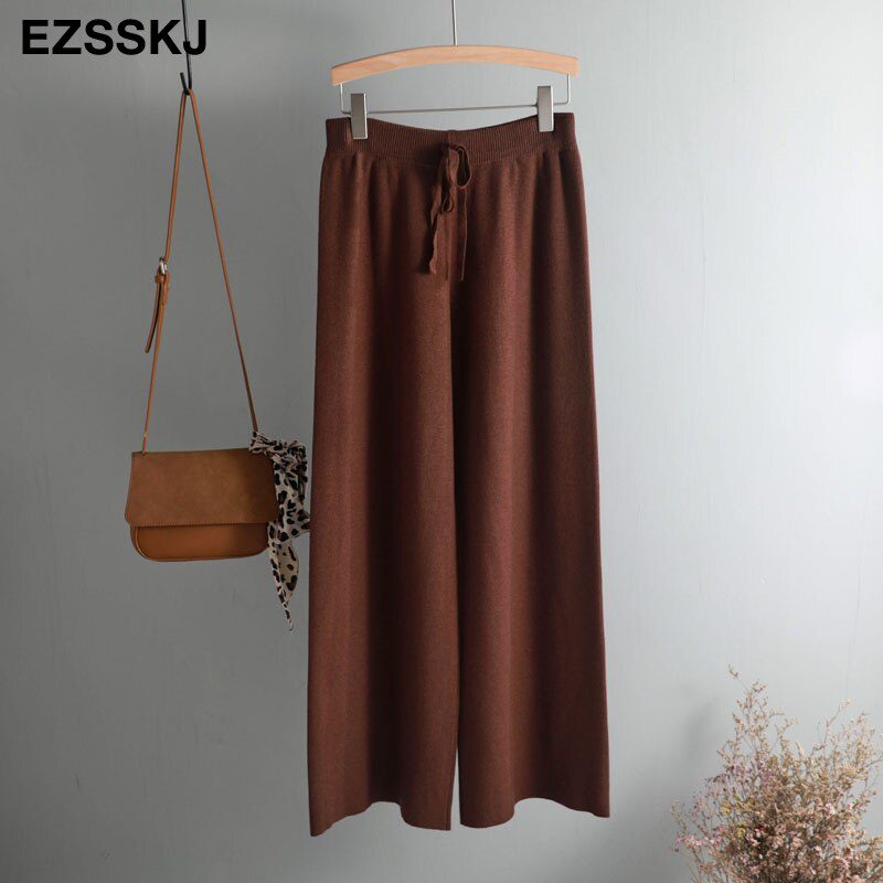 2020 autumn winter new THICK casual straight pants women female drawstring loose knitted wide leg pants casual Trousers