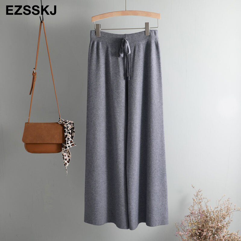 2020 autumn winter new THICK casual straight pants women female drawstring loose knitted wide leg pants casual Trousers