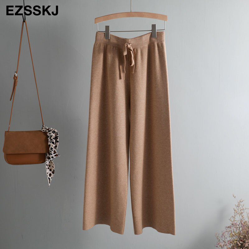 2020 autumn winter new THICK casual straight pants women female drawstring loose knitted wide leg pants casual Trousers