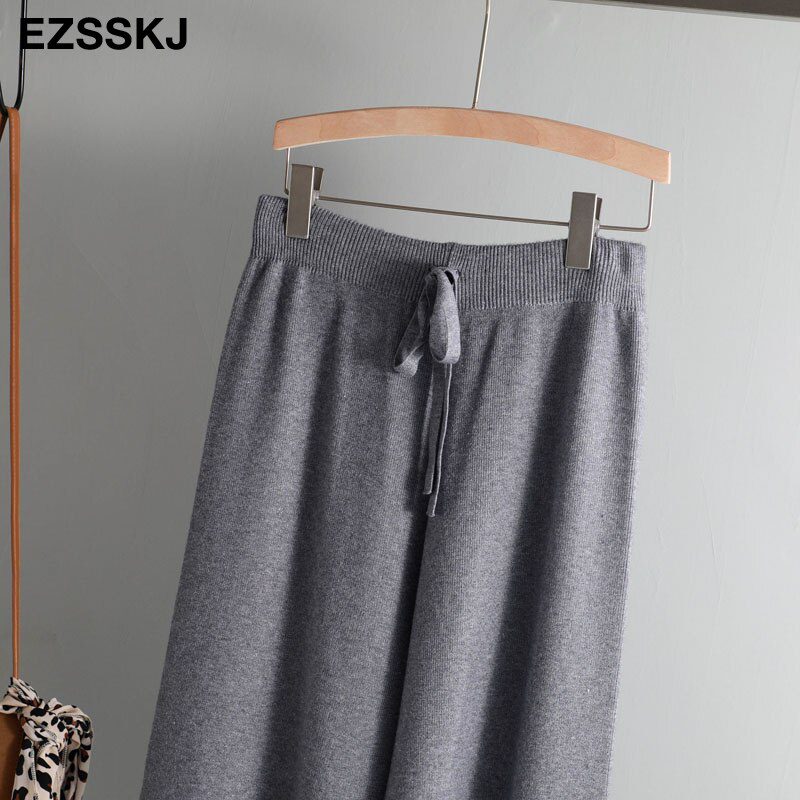 2020 autumn winter new THICK casual straight pants women female drawstring loose knitted wide leg pants casual Trousers