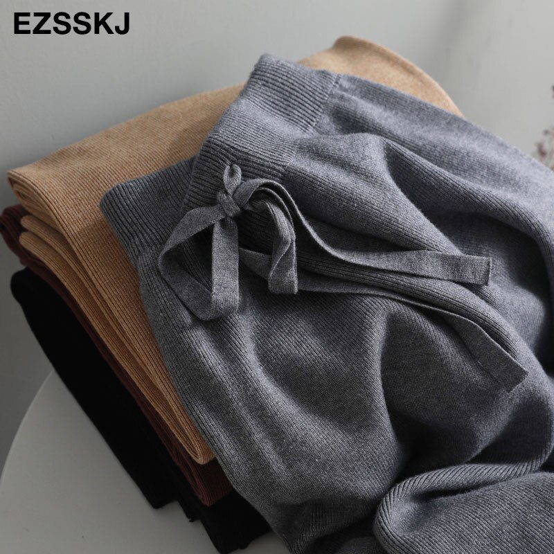2020 autumn winter new THICK casual straight pants women female drawstring loose knitted wide leg pants casual Trousers