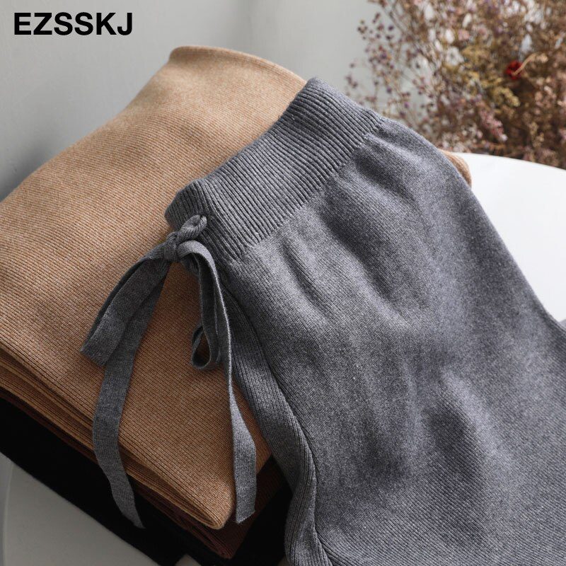 2020 autumn winter new THICK casual straight pants women female drawstring loose knitted wide leg pants casual Trousers