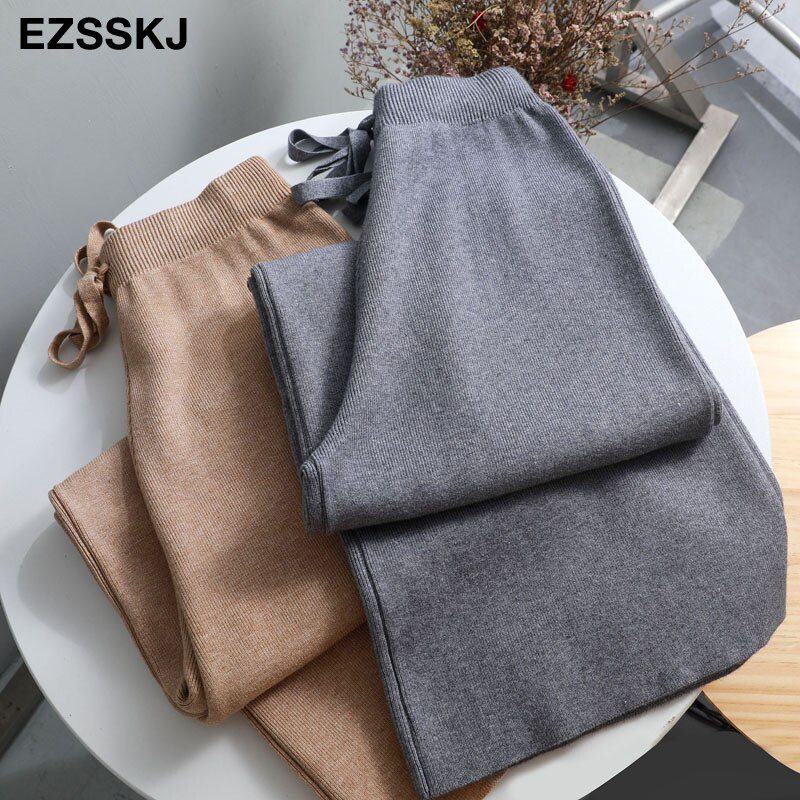2020 autumn winter new THICK casual straight pants women female drawstring loose knitted wide leg pants casual Trousers