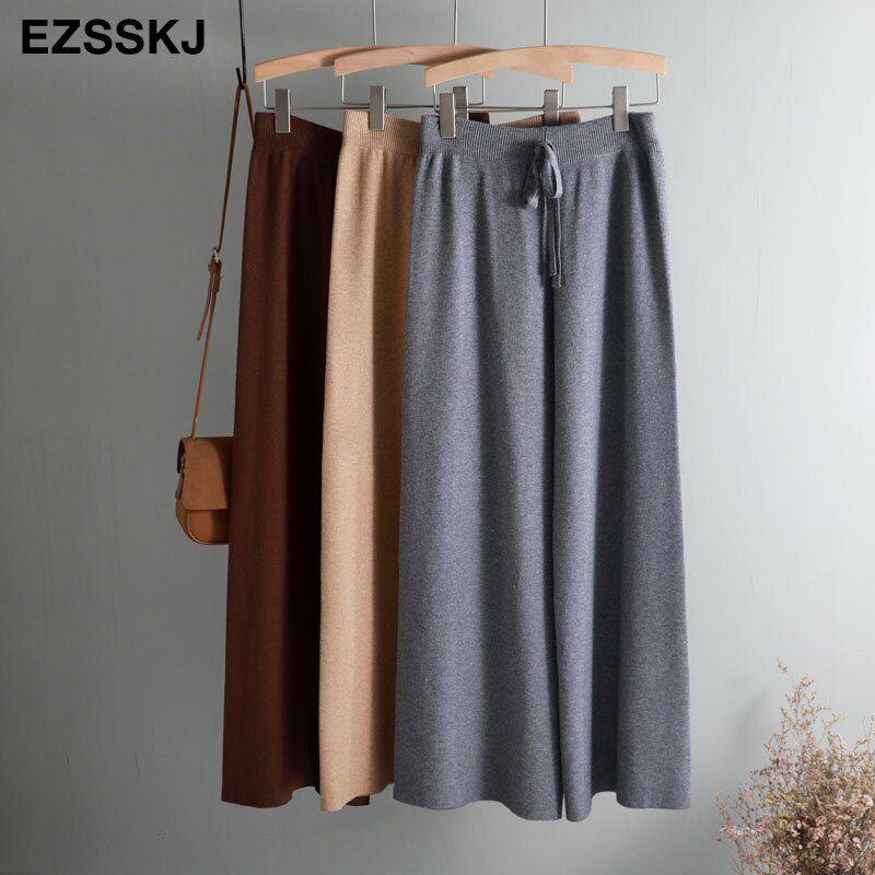 2020 autumn winter new THICK casual straight pants women female drawstring loose knitted wide leg pants casual Trousers