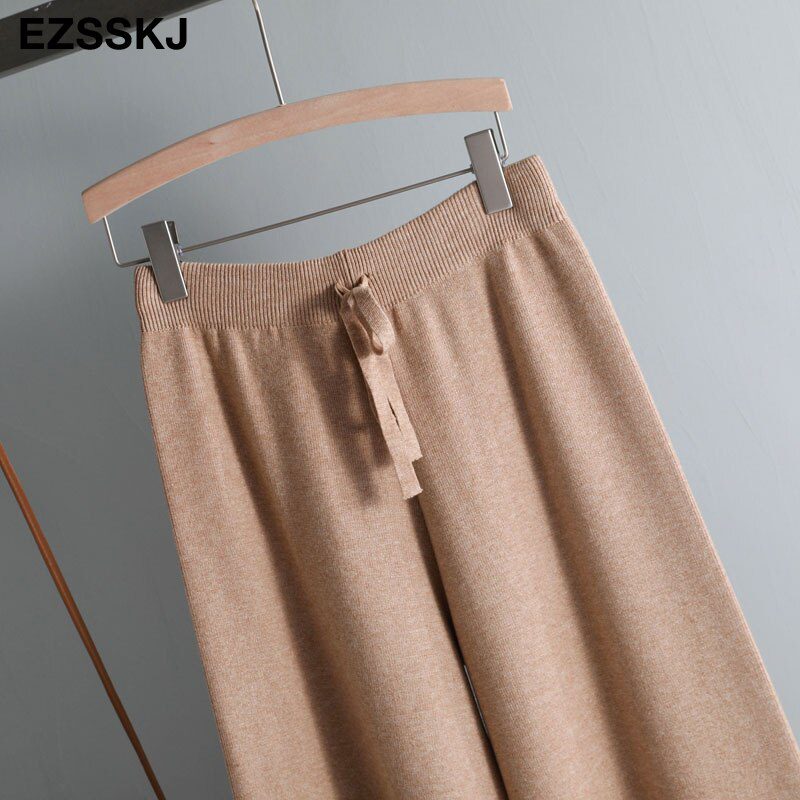 2020 autumn winter new THICK casual straight pants women female drawstring loose knitted wide leg pants casual Trousers