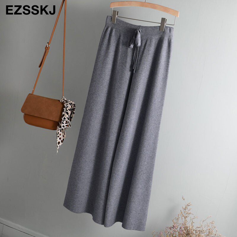 2020 autumn winter new THICK casual straight pants women female drawstring loose knitted wide leg pants casual Trousers