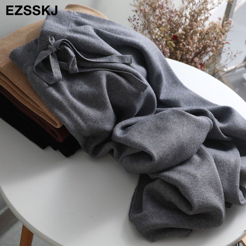 2020 autumn winter new THICK casual straight pants women female drawstring loose knitted wide leg pants casual Trousers