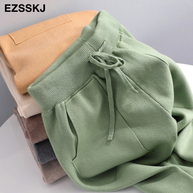 Women Elastic Waist Drawstring Trousers Thick Knitted Harem Pants Autumn Winter Sport swear Women'S Pants New Bottoms
