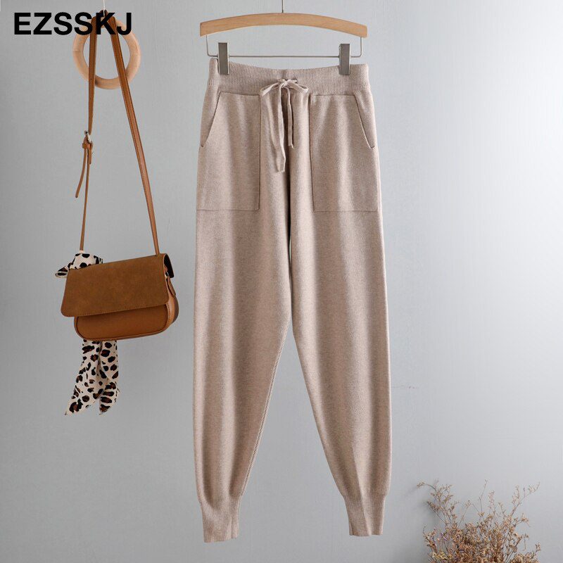 Women Elastic Waist Drawstring Trousers Thick Knitted Harem Pants Autumn Winter Sport swear Women'S Pants New Bottoms