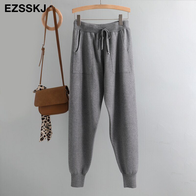 Women Elastic Waist Drawstring Trousers Thick Knitted Harem Pants Autumn Winter Sport swear Women'S Pants New Bottoms