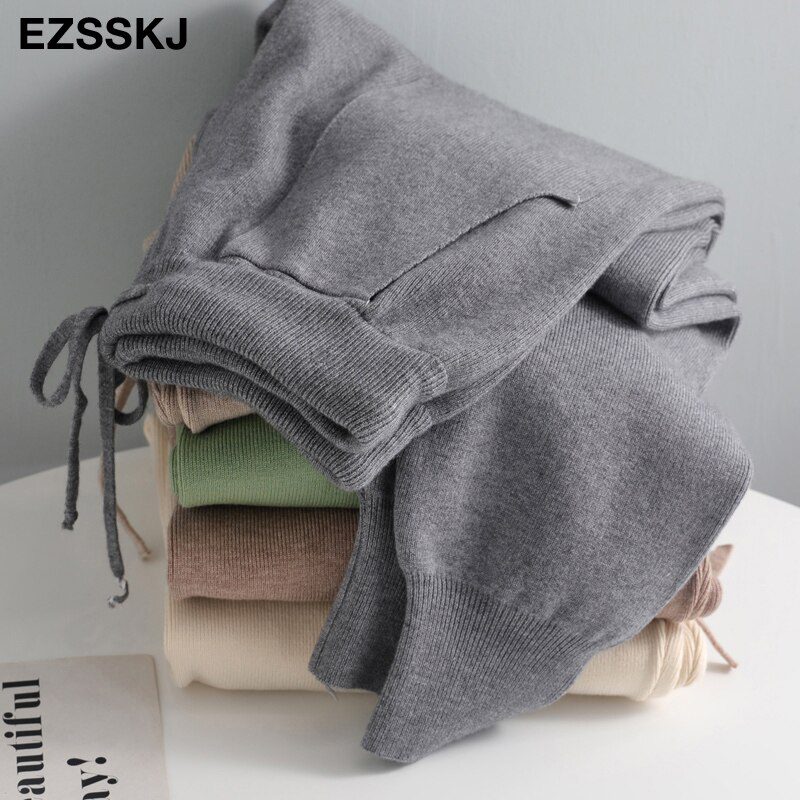 Women Elastic Waist Drawstring Trousers Thick Knitted Harem Pants Autumn Winter Sport swear Women'S Pants New Bottoms